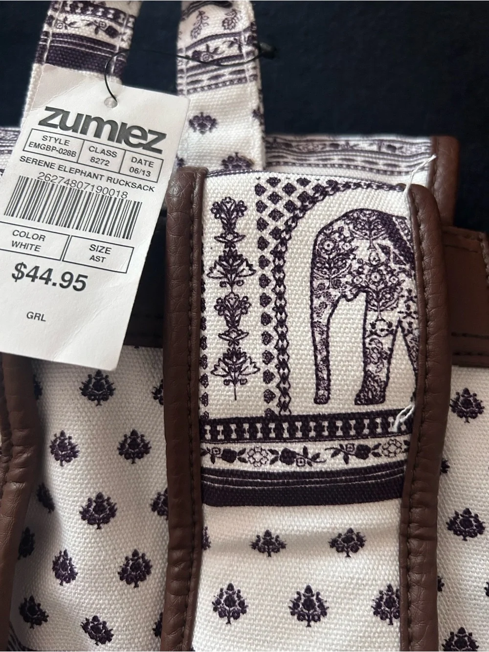 Empyre Boho Elephant Print Canvas Rucksack Backpack, Zumiez, NWT